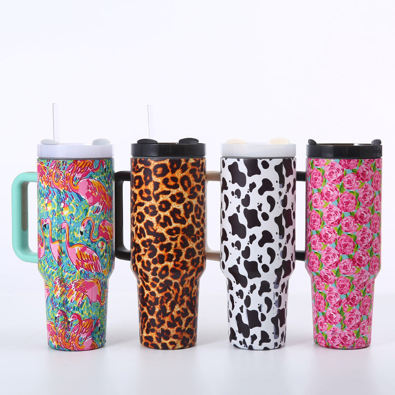 Wholesale Tumbler 40oz Stainless Steel Cow Print Leopard Print Car Portable Straw Thermos Cup Ice Bullies Cup